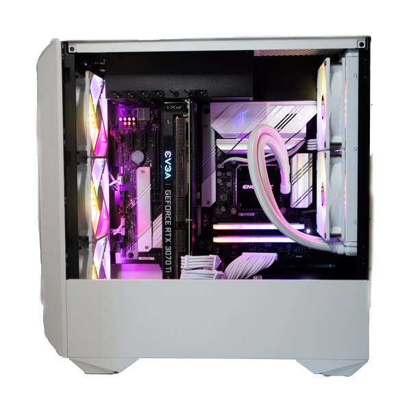 Gaming PC case with visible components on a white background